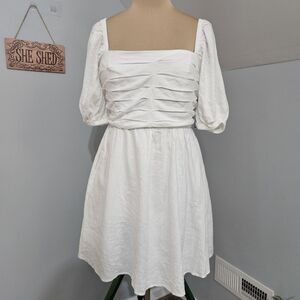 New NY & Co White Ruched Square Neck Puff Sleeve Linen Blend Dress M Fairy Boho